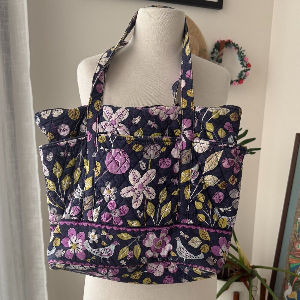Vera Bradley Navy Floral Quilted Tote with Pink and Yellow Blooms